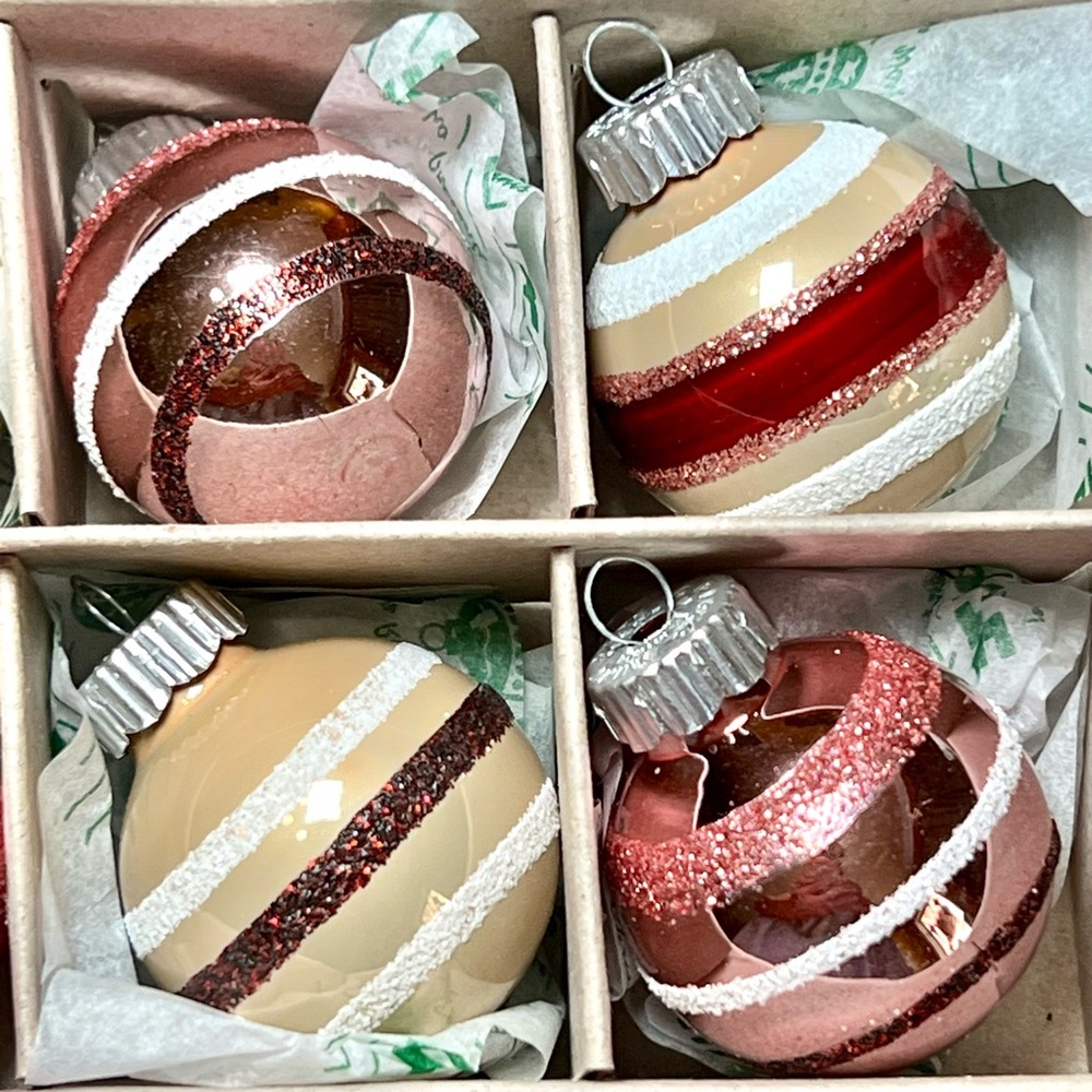 20 Christmas Radko Glass Ball Ornaments Burgundy Beige White Pink Glitter Stripe - Picture 3 of 15